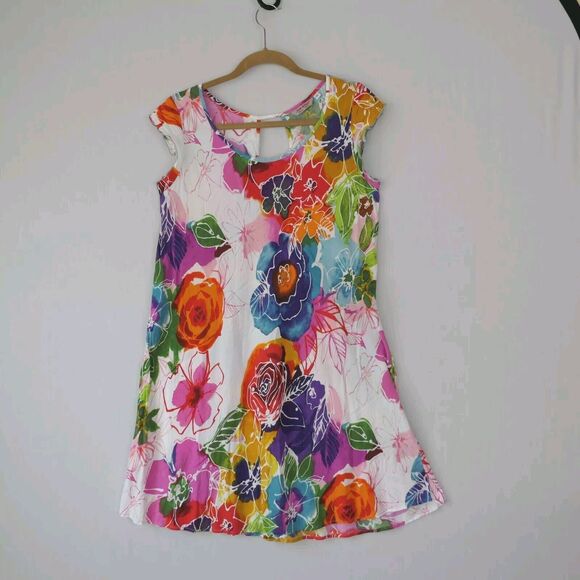 VTG Jams World Size Small "Lille" Floral Hawaiian Print Mini Dress Cap Sleeve - Picture 2 of 8
